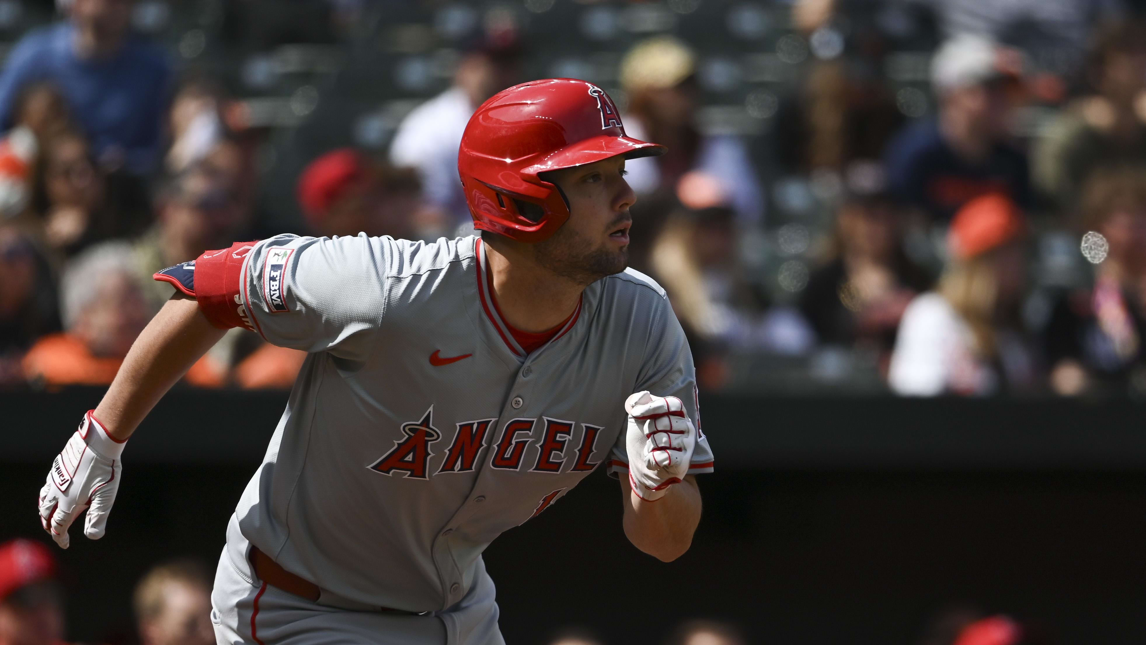 Mar 31, 2024; Baltimore, Maryland, USA;  Los Angeles Angels first baseman Nolan Schanuel (18) faces the Baltimore Orioles.