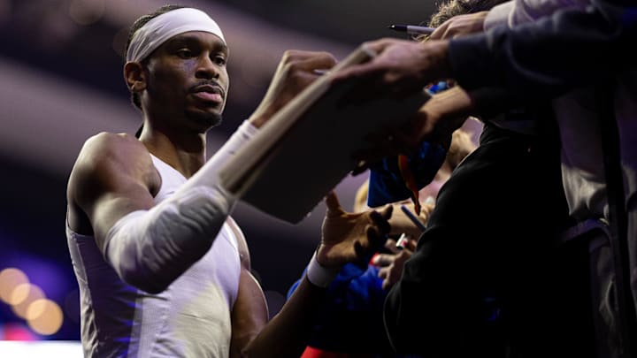 Jan 14, 2025; Philadelphia, Pennsylvania, USA; Oklahoma City Thunder guard Shai Gilgeous-Alexander before a game against the Philadelphia 76ers at Wells Fargo Center. Mandatory Credit: Bill Streicher-Imagn Images
