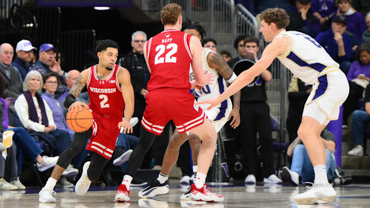 Feb 28, 2026; Seattle, Washington, USA; Wisconsin Badgers guard Nick Boyd (2) dribbles the ball during the first half against the Washington Huskies at Alaska Airlines Arena at Hec Edmundson Pavilion. Mandatory Credit: Steven Bisig-Imagn Images