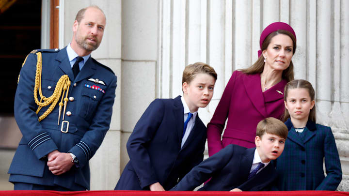 The Royal Family Watch Military Procession To Mark The 80th Anniversary Of VE Day