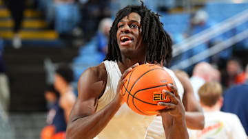 Feb 22, 2025; Chapel Hill, North Carolina, USA; North Carolina Tar Heels guard Ian Jackson (11) warms up before the game at Dean E. Smith Center. Mandatory Credit: Bob Donnan-Imagn Images