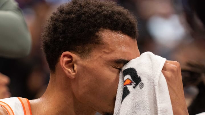 Feb 22, 2024; Sacramento, California, USA; San Antonio Spurs center Victor Wembanyama (1) wipes his face with a towel during the fourth quarter at Golden 1 Center. Mandatory Credit: Ed Szczepanski-USA TODAY Sports