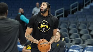 Jan 27, 2025; Charlotte, North Carolina, USA; Los Angeles Lakers forward Anthony Davis (3) during pregame warm ups against the Charlotte Hornets at the Spectrum Center. Mandatory Credit: Jim Dedmon-Imagn Images