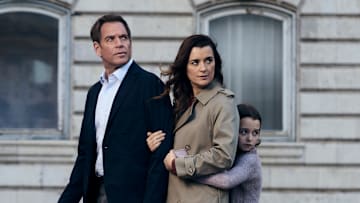 L-R Michael Weatherly as Tony Dinozzo, Cote de Pablo as Ziva David and Isla Gie as Tali In NCIS: Tony & Ziva, season 1, airing on Paramount+ 2025