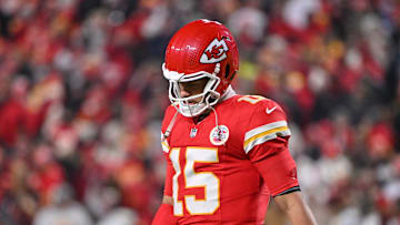 Dec 7, 2025; Kansas City, Missouri, USA; Kansas City Chiefs quarterback Patrick Mahomes (15) is seen during the second quarter against the Houston Texans at GEHA Field at Arrowhead Stadium. Mandatory Credit: Amy Kontras-Imagn Images
