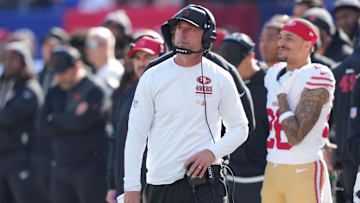 Nov 2, 2025; East Rutherford, New Jersey, USA; San Francisco 49ers head coach Kyle Shanahan looks on from the sidelines against the New York Giants during the first half at MetLife Stadium. Mandatory Credit: Robert Deutsch-Imagn Images