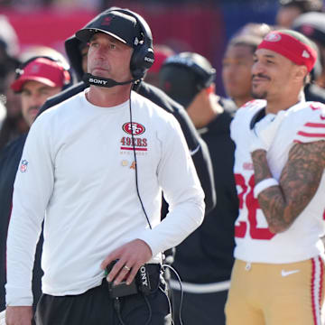 Nov 2, 2025; East Rutherford, New Jersey, USA; San Francisco 49ers head coach Kyle Shanahan looks on from the sidelines against the New York Giants during the first half at MetLife Stadium. Mandatory Credit: Robert Deutsch-Imagn Images