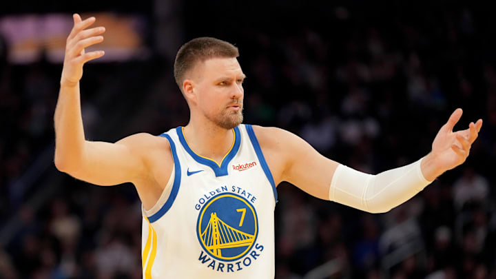 Mar 13, 2026; San Francisco, California, USA; Golden State Warriors forward Kristaps Porzingis (7) reacts after being fouled against the Minnesota Timberwolves in the fourth quarter at the Chase Center. Mandatory Credit: Cary Edmondson-Imagn Images