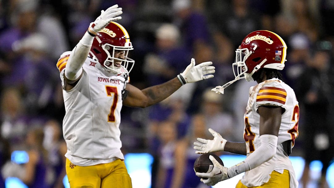 Nov 8, 2025; Fort Worth, Texas, USA; Iowa State Cyclones defensive back Tre Bell (7) and defensive back Quentin Taylor (24) celebrate during the second half against the TCU Horned Frogs at Amon G. Carter Stadium.