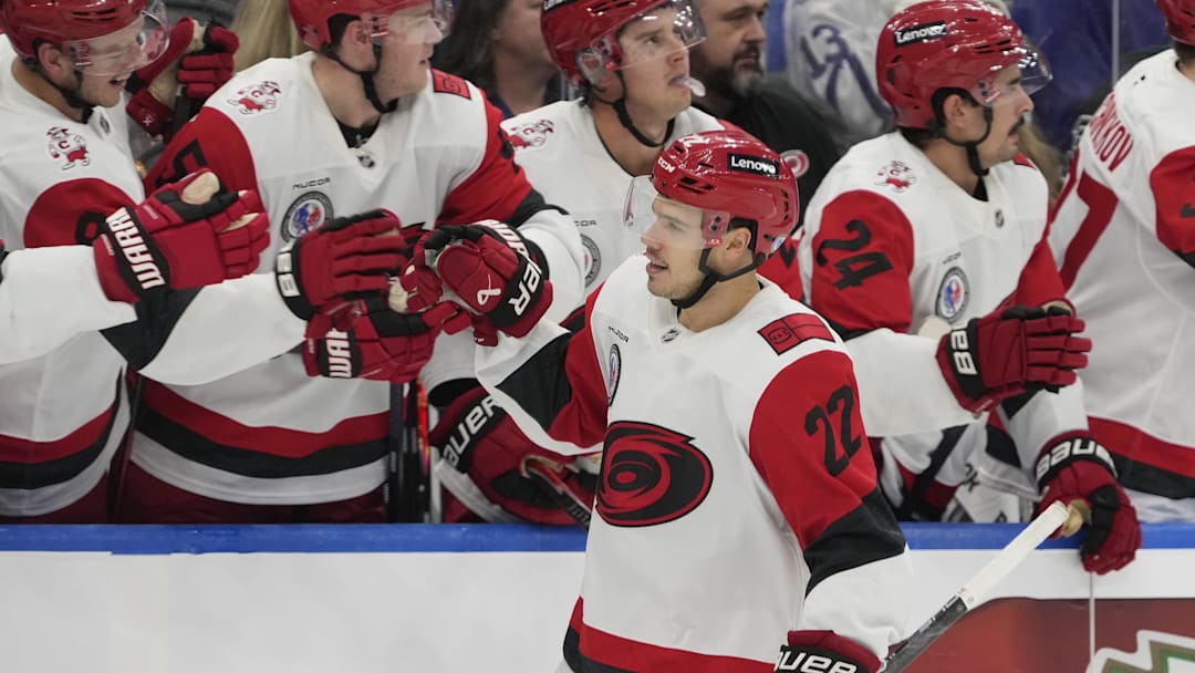 Nov 9, 2025; Toronto, Ontario, CAN; Carolina Hurricanes forward Logan Stankoven (22) gets congratulated after scoring the game winning goal against the Toronto Maple Leafs during the third period at Scotiabank Arena. Mandatory Credit: John E. Sokolowski-Imagn Images Nov 9, 2025; Toronto, Ontario, CAN; Carolina Hurricanes forward Logan Stankoven (22) gets congratulated after scoring the game winning goal against the Toronto Maple Leafs during the third period at Scotiabank Arena. Mandatory Credit: John E. Sokolowski-Imagn Images