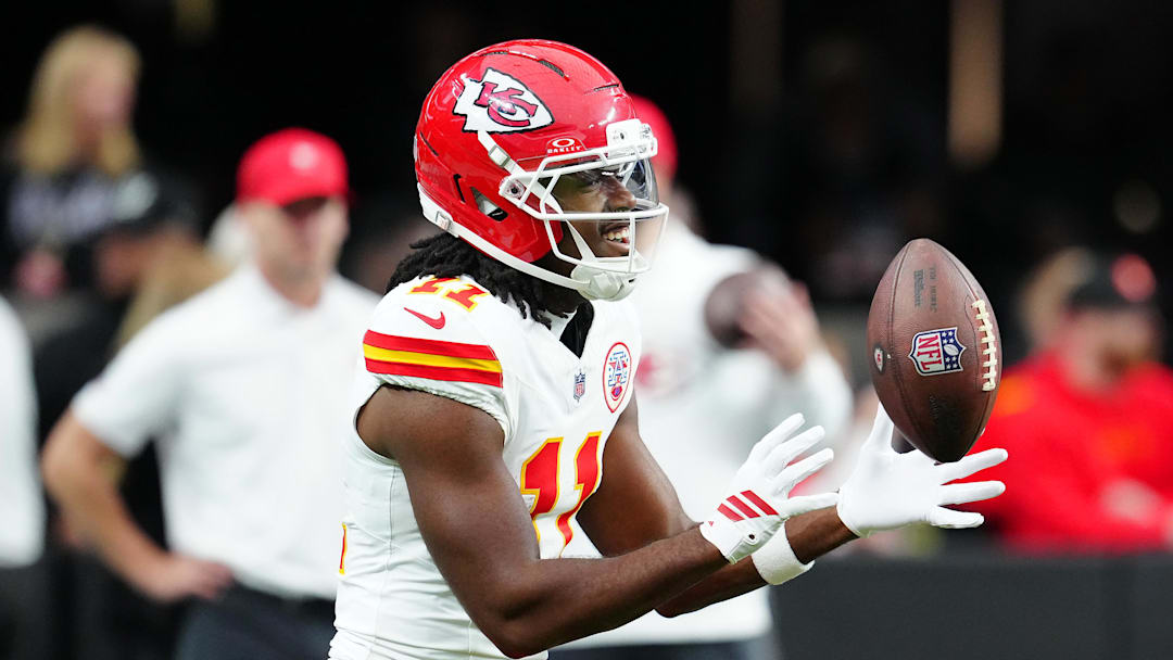 Jan 4, 2026; Paradise, Nevada, USA; Kansas City Chiefs wide receiver Jalen Royals (11) warms up before a game against the Las Vegas Raiders at Allegiant Stadium. Mandatory Credit: Stephen R. Sylvanie-Imagn Images