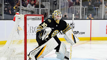 Sep 24, 2023; Boston, Massachusetts, USA; Boston Bruins goalie Brandon Bussi (30)  tends net against the New York Rangers  during the second period at TD Garden. Mandatory Credit: Eric Canha-Imagn Images