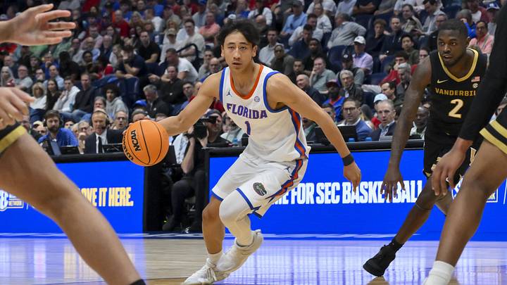 Mar 14, 2026; Nashville, TN, USA;  Florida Gators guard Xaivian Lee (1) drives to the basket against the Vanderbilt Commodores during the first half at Bridgestone Arena. Mandatory Credit: Steve Roberts-Imagn Images