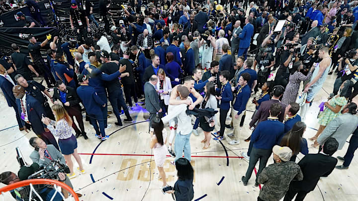 Jun 12, 2023; Denver, Colorado, USA; Denver Nuggets forward Michael Porter Jr. (1) celebrates after winning the 2023 NBA Finals against the Miami Heat at Ball Arena. Mandatory Credit: Jack Dempsey/Pool Photo-Imagn Images Jun 12, 2023; Denver, Colorado, USA; Denver Nuggets forward Michael Porter Jr. (1) celebrates after winning the 2023 NBA Finals against the Miami Heat at Ball Arena. Mandatory Credit: Jack Dempsey/Pool Photo-Imagn Images