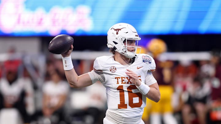 Jan 1, 2025; Atlanta, GA, USA; Texas Longhorns quarterback Arch Manning (16) warms up before the Peach Bowl at Mercedes-Benz Stadium. Mandatory Credit: Brett Davis-Imagn Images Jan 1, 2025; Atlanta, GA, USA; Texas Longhorns quarterback Arch Manning (16) warms up before the Peach Bowl at Mercedes-Benz Stadium. Mandatory Credit: Brett Davis-Imagn Images