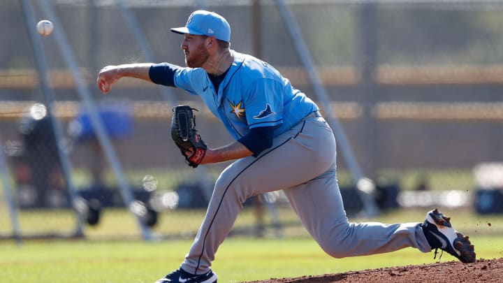 Feb 24, 2021; Port Charlotte, Florida, USA; Tampa Bay Rays pitcher Tyler Zombro (39) pitches a simulated inning during spring training at Charlotte Sports Park 