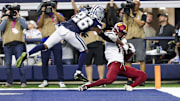 Washington Commanders wide receiver Terry McLaurin (17) makes the game-winning touchdown catch over Dallas Cowboys cornerback DaRon Bland.