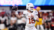 Jan 1, 2025; Atlanta, GA, USA; Texas Longhorns quarterback Arch Manning (16) warms up before the Peach Bowl at Mercedes-Benz Stadium. Mandatory Credit: Brett Davis-Imagn Images