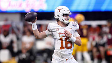 Jan 1, 2025; Atlanta, GA, USA; Texas Longhorns quarterback Arch Manning (16) warms up before the Peach Bowl at Mercedes-Benz Stadium. Mandatory Credit: Brett Davis-Imagn Images