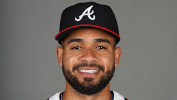 Atlanta Braves pitcher Domingo Gonzalez takes photos during media day Feb. 21 at CoolToday Park.