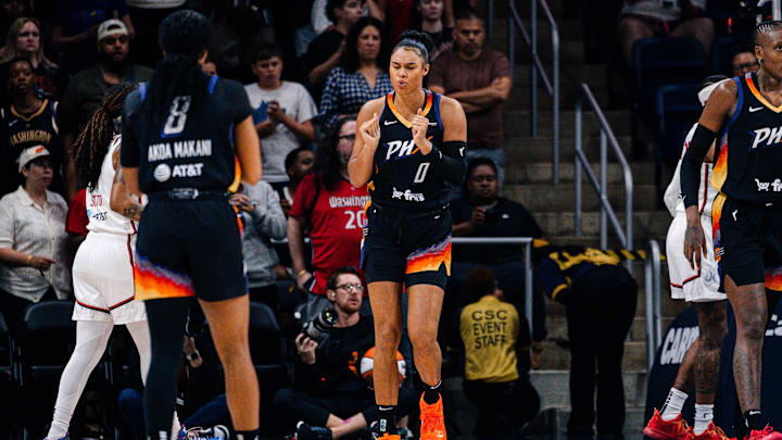 Jul 27, 2025; Washington, District of Columbia, USA; Phoenix Mercury forward Satou Sabally (0) reacts after a play in the first half against the Washington Mystics at CareFirst Arena. Mandatory Credit: Emily Faith Morgan-Imagn Images