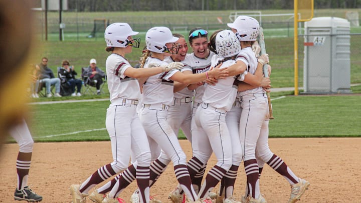 Appoquinimink celebrates in Appoquinimink's walk-off 1-0 victory over Sussex Central, Friday, April 18, 2025 in Middletown.