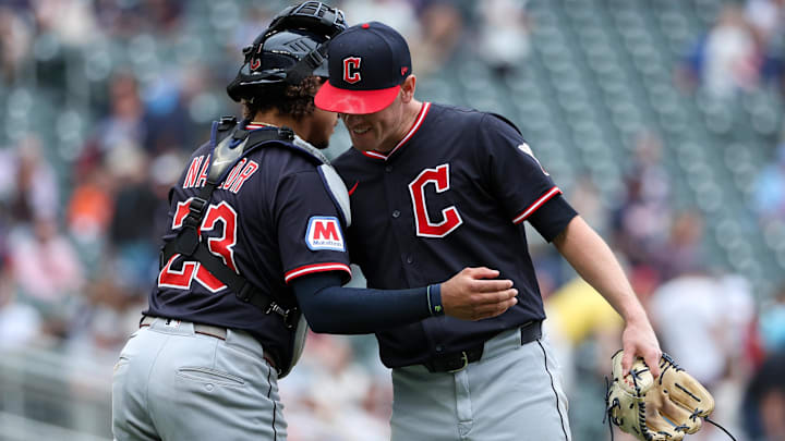Sep 20, 2025: Cleveland Guardians pitcher Kolby Allard (49) and catcher Bo Naylor (23) celebrates their teams win against the Minnesota Twins during the ninth inning of game one of a double header at Target Field. 