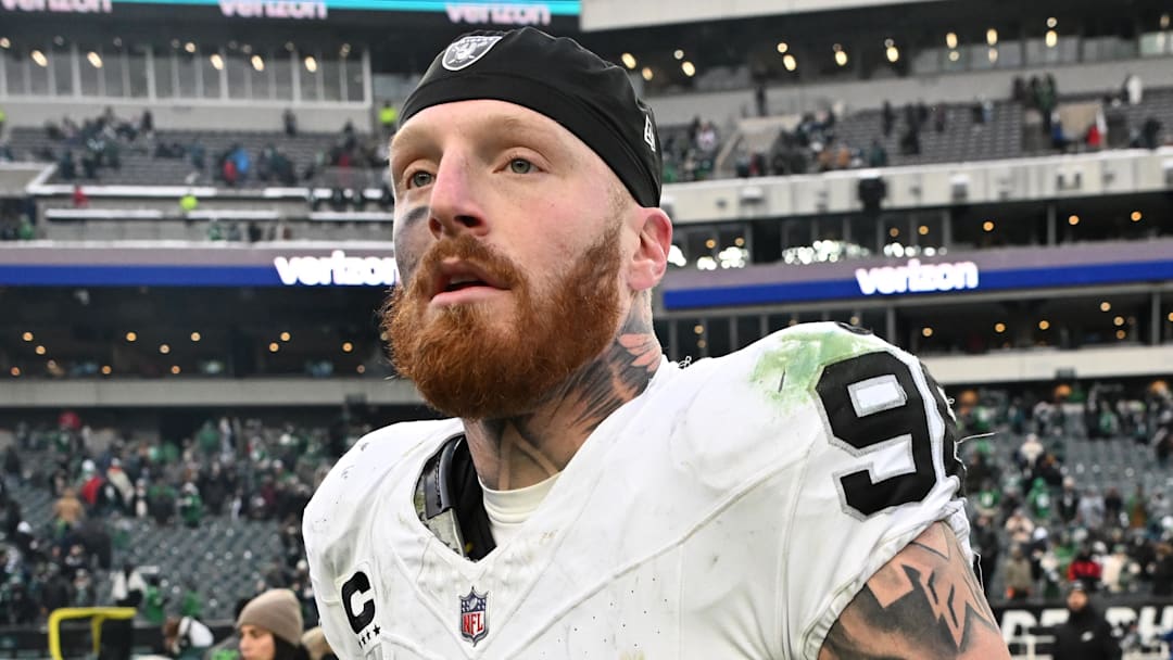 Dec 14, 2025; Philadelphia, Pennsylvania, USA; Las Vegas Raiders defensive end Maxx Crosby (98) on the field after loss to the Philadelphia Eagles at Lincoln Financial Field. Mandatory Credit: Eric Hartline-Imagn Images