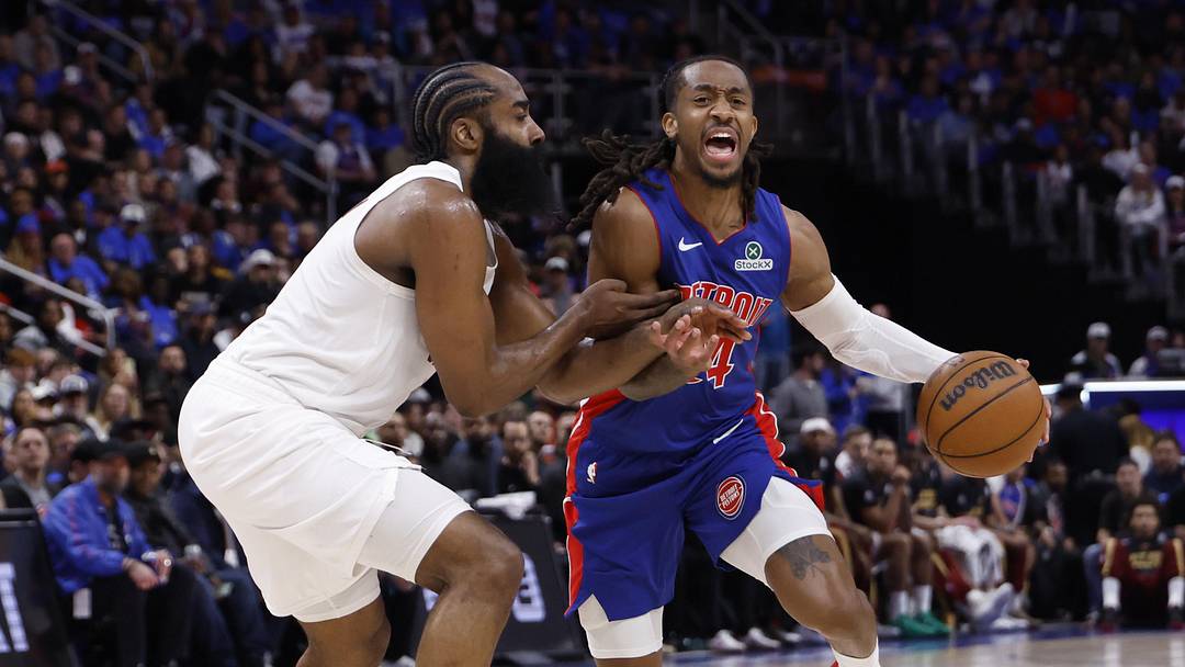 May 13, 2026; Detroit, Michigan, USA; Detroit Pistons guard Daniss Jenkins (24) dribbles defended by Cleveland Cavaliers guard James Harden (1) in the second half during game five of the second round of the 2026 NBA Playoffs at Little Caesars Arena. Mandatory Credit: Rick Osentoski-Imagn Images May 13, 2026; Detroit, Michigan, USA; Detroit Pistons guard Daniss Jenkins (24) dribbles defended by Cleveland Cavaliers guard James Harden (1) in the second half during game five of the second round of the 2026 NBA Playoffs at Little Caesars Arena. Mandatory Credit: Rick Osentoski-Imagn Images