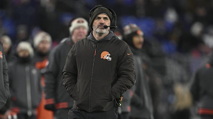 Jan 4, 2025; Baltimore, Maryland, USA;  Cleveland Browns head coach Kevin Stefanski walks the sidelines during the second half against the Baltimore Ravens at M&T Bank Stadium. Mandatory Credit: Tommy Gilligan-Imagn Images
