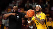 Nov 18, 2025; Minneapolis, Minnesota, USA; Minnesota Golden Gophers forward Jaylen Crocker-Johnson (5) shoots against the Chicago State Cougars during the first half at Williams Arena. Mandatory Credit: Matt Krohn-Imagn Images