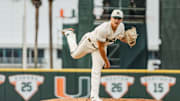 Miami Hurricanes freshman right-handed pitcher AJ Ciscar throwing a strike against No. 13 NC State.