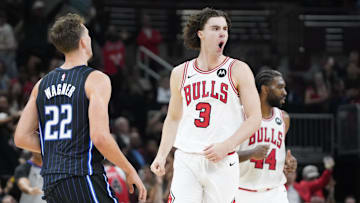 Oct 30, 2024; Chicago, Illinois, USA; Chicago Bulls guard Josh Giddey (3) reacts after making a three point basket against the Orlando Magic during the second half at United Center. Mandatory Credit: David Banks-Imagn Images