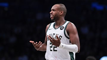 Milwaukee Bucks forward Khris Middleton reacts during the first half against the Brooklyn Nets at Barclays Center on December 27, 2023.