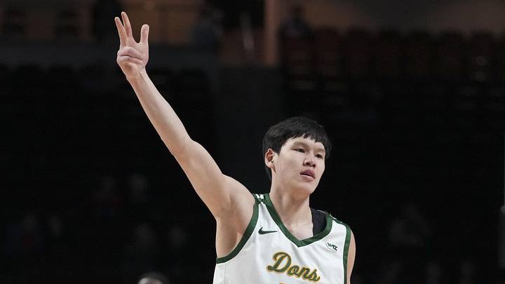 March 9, 2024; Las Vegas, NV, USA; San Francisco Dons guard Mike Sharavjamts (5) celebrates making a basket against the Portland Pilots during the first half in the quarterfinals of the WCC Basketball Championship at Orleans Arena. Mandatory Credit: Kyle Terada-USA TODAY Sports