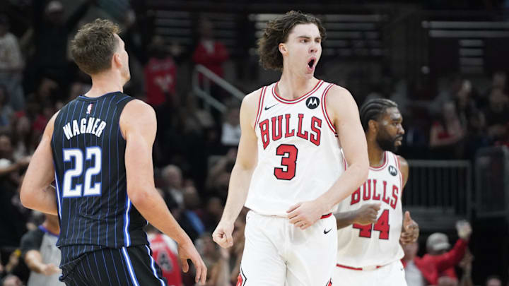 Oct 30, 2024; Chicago, Illinois, USA; Chicago Bulls guard Josh Giddey (3) reacts after making a three point basket against the Orlando Magic during the second half at United Center. Mandatory Credit: David Banks-Imagn Images