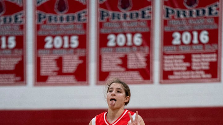 Grandview Prep's Lena Girardi sticks out her tongue after making a basket against King's Academy on January 10, 2025 in Boca Raton, Florida. Grandview Prep's Lena Girardi sticks out her tongue after making a basket against King's Academy on January 10, 2025 in Boca Raton, Florida.