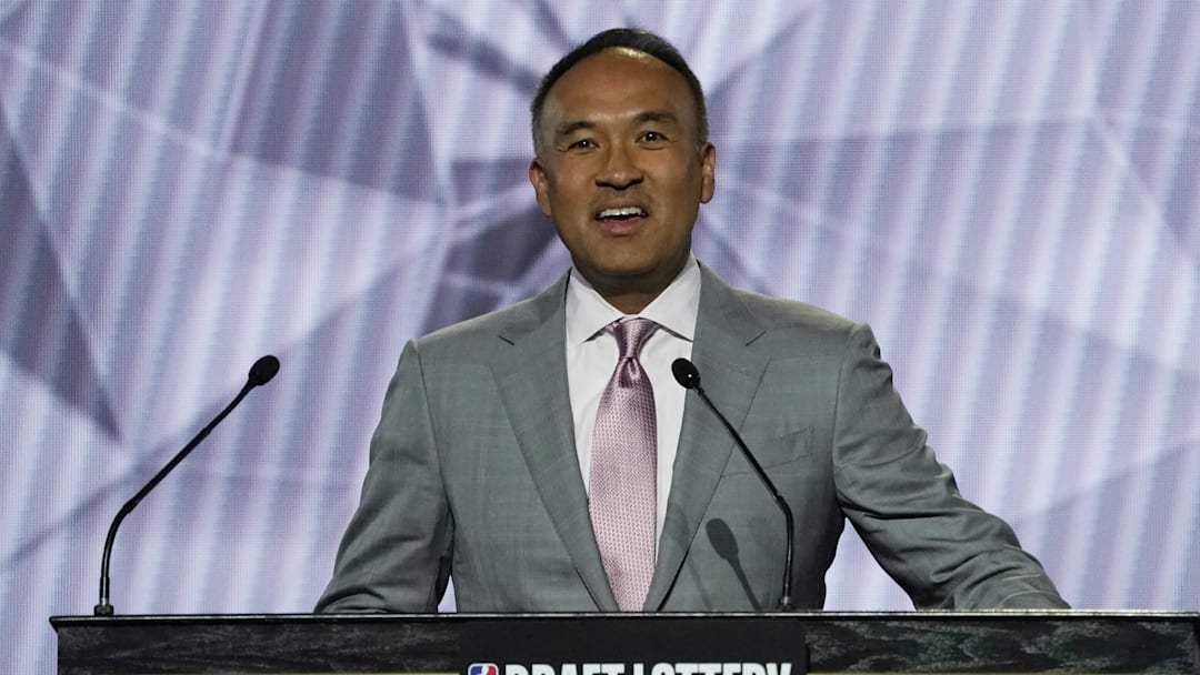 May 17, 2022; Chicago, IL, USA; NBA deputy commissioner Mark Tatum announces the results during the 2022 NBA Draft Lottery at McCormick Place. Mandatory Credit: David Banks-Imagn Images