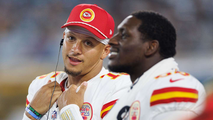Aug 10, 2024; Jacksonville, Florida, USA; Kansas City Chiefs quarterback Patrick Mahomes (15) looks on during the third quarter against the Jacksonville Jaguars at EverBank Stadium. Mandatory Credit: Douglas DeFelice-USA TODAY Sports