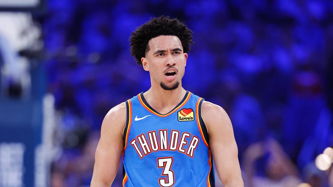 May 18, 2026; Oklahoma City, Oklahoma, USA; Oklahoma City Thunder guard Jared McCain (3) reacts in the second quarter against the San Antonio Spurs during game one of the western conference finals for the 2026 NBA playoffs at Paycom Center. Mandatory Credit: Alonzo Adams-Imagn Images