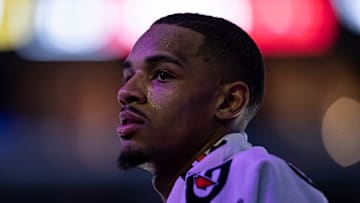 Dejounte Murray # 5 of the New Orleans Pelicans looks on against the Chicago Bulls.