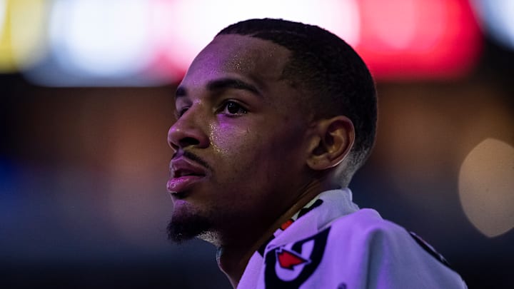 Dejounte Murray # 5 of the New Orleans Pelicans looks on against the Chicago Bulls.