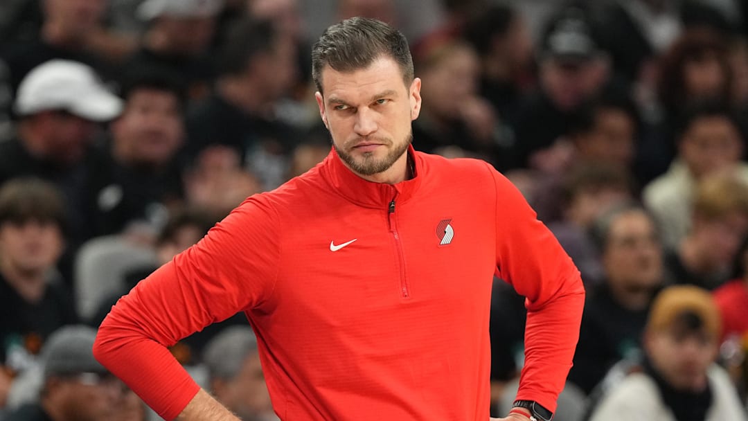 Apr 21, 2026; San Antonio, Texas, USA; Portland Trail Blazers head coach Tiago Splitter during the second half of game two of the first round of the 2026 NBA Playoffs against the San Antonio Spurs at Frost Bank Center. Mandatory Credit: Scott Wachter-Imagn Images