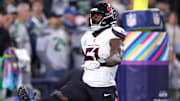 Oct 20, 2025; Seattle, Washington, USA; Houston Texans defensive end Will Anderson Jr. (51) celebrates a fumble recovery in the end zone for a touchdown during the third quarter against the Seattle Seahawks at Lumen Field. Mandatory Credit: Kevin Ng-Imagn Images