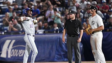 May 23 2024; Hoover, AL, USA; LSU batter Michael Braswell III (10) celebrates after driving in the go-ahead run at the Hoover Met during the SEC Tournament. LSU won 11-10 with 9th inning heroics.
