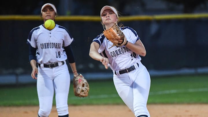 Hannah Leech of Eau Gallie throws out a Bayside player in a 2024 game. Last week, she went 3-for-3 with three runs scored and three RBI to propel the Commodores past Harmony, 13-3, in six innings. Hannah Leech of Eau Gallie throws out a Bayside player in a 2024 game. Last week, she went 3-for-3 with three runs scored and three RBI to propel the Commodores past Harmony, 13-3, in six innings.