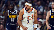 Oct 25, 2025; Denver, Colorado, USA; Phoenix Suns forward Dillon Brooks (3) reacts after making a shot during the first half against the Denver Nuggets at Ball Arena. Mandatory Credit: Christopher Hanewinckel-Imagn Images
