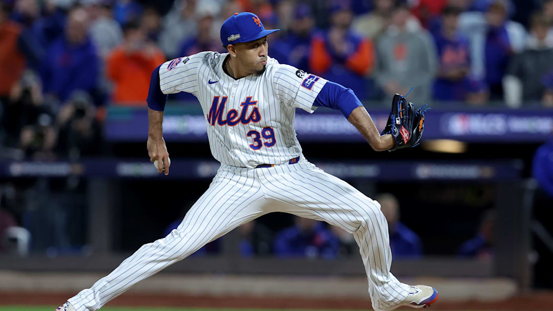 Oct 18, 2024; New York City, New York, USA; New York Mets relief pitcher Edwin Diaz (39) pitches against the Los Angeles Dodgers during the ninth inning of game five of the NLCS during the 2024 MLB playoffs at Citi Field. Mandatory Credit: Brad Penner-Imagn Images