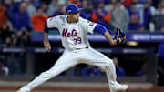 Oct 18, 2024; New York City, New York, USA; New York Mets relief pitcher Edwin Diaz (39) pitches against the Los Angeles Dodgers during the ninth inning of game five of the NLCS during the 2024 MLB playoffs at Citi Field. Mandatory Credit: Brad Penner-Imagn Images