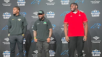 Independence coach DJ McFadden (left) Myers Park coach Chris James (center) and Carolina Panthers tackle and former Providence Day standout Ikem Ekwonu represent their football programs during the Feb. 13, 2024, press conference announcing the matchups for last year’s 2004 Keep Pounding Classic. Nominations are now being sought for the 2025 event.